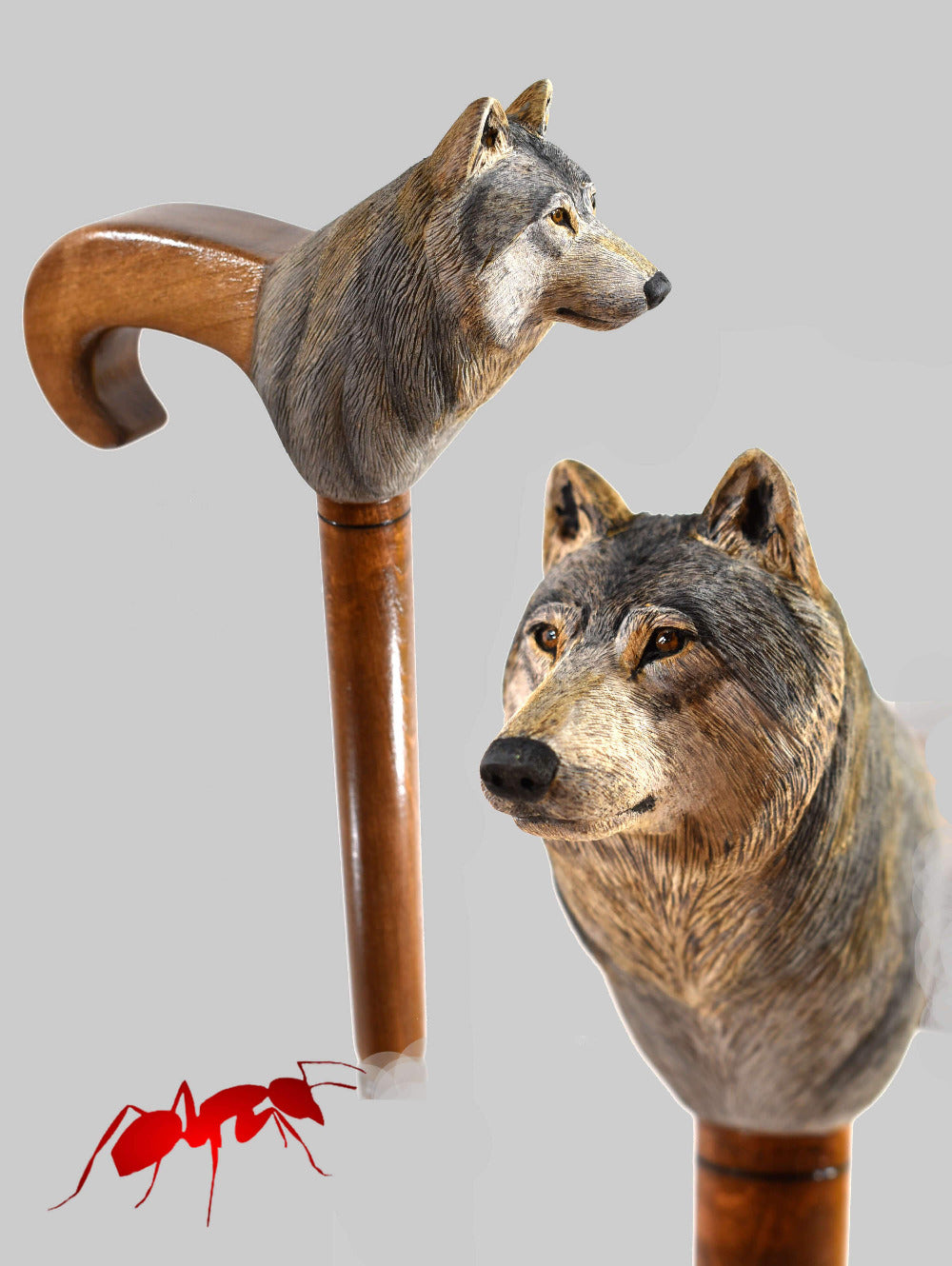 Handmade wooden walking canes wolf gift ideas AntSart