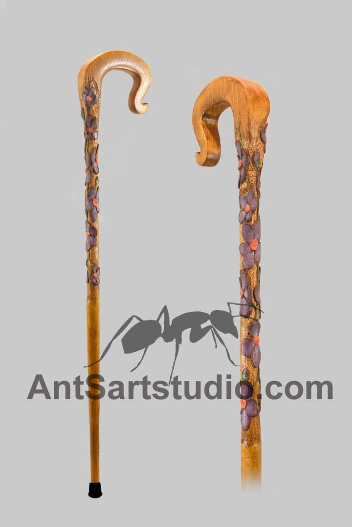 Wooden walking canes,custom cane handles purple flower wood carving - AntSarT