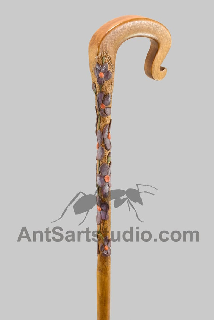 Shepherd Crook handle cane with fantasy purple flowers