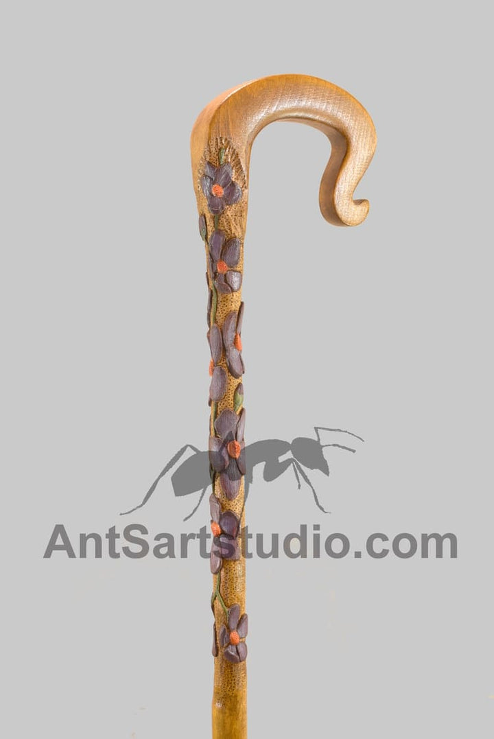 wood walking cane relief flowers