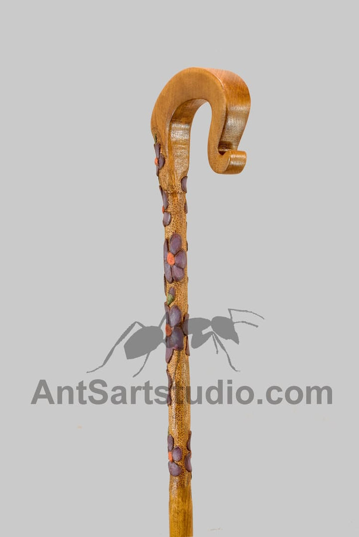 Wooden walking canes,custom cane handles purple flower wood carving - AntSarT