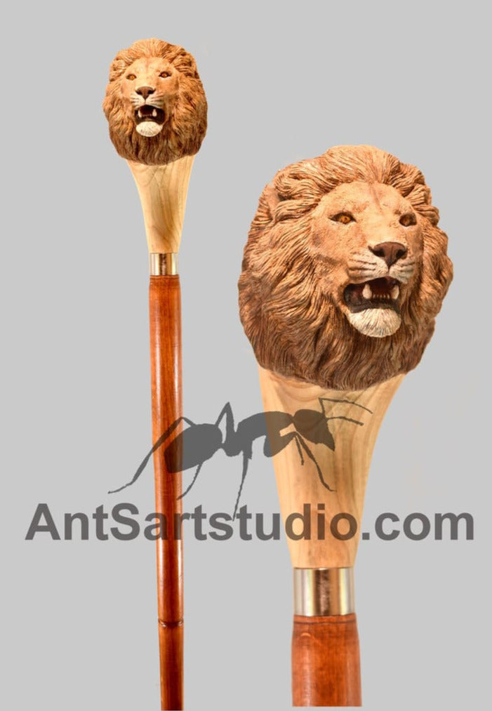 Wooden lion head walking stick