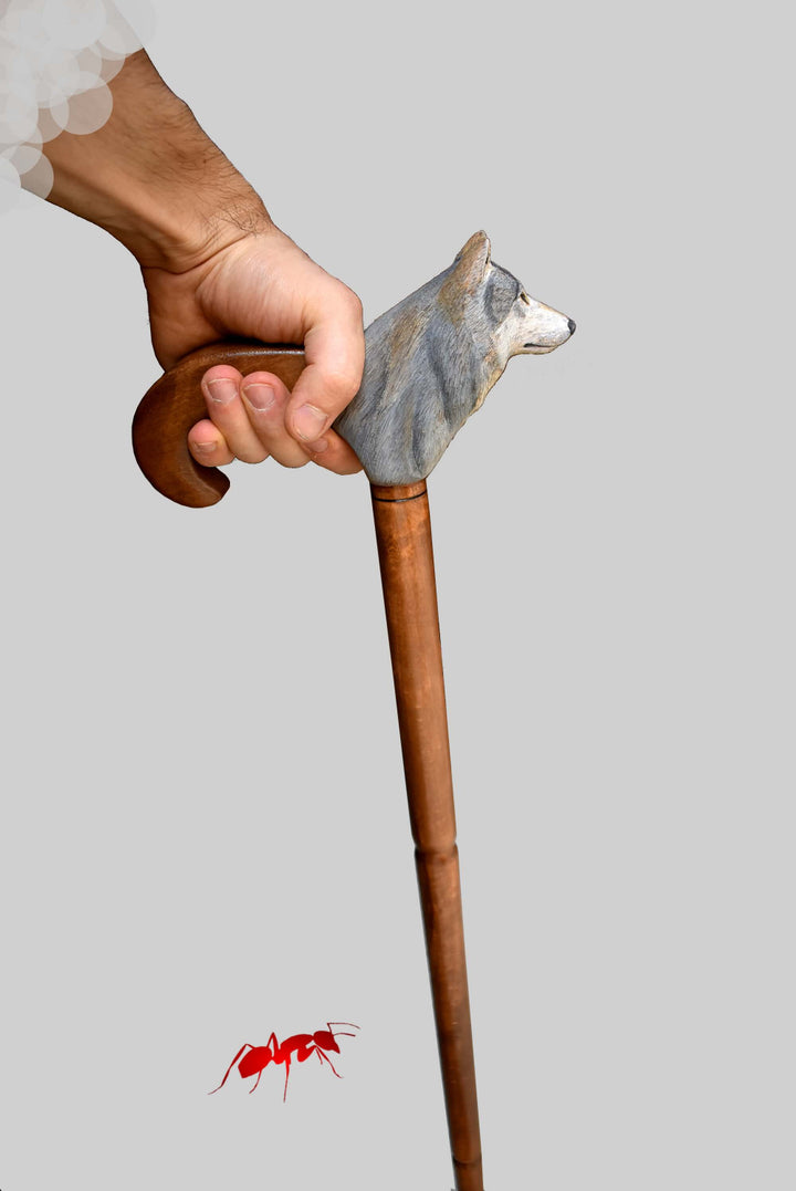 wood wolf walking cane