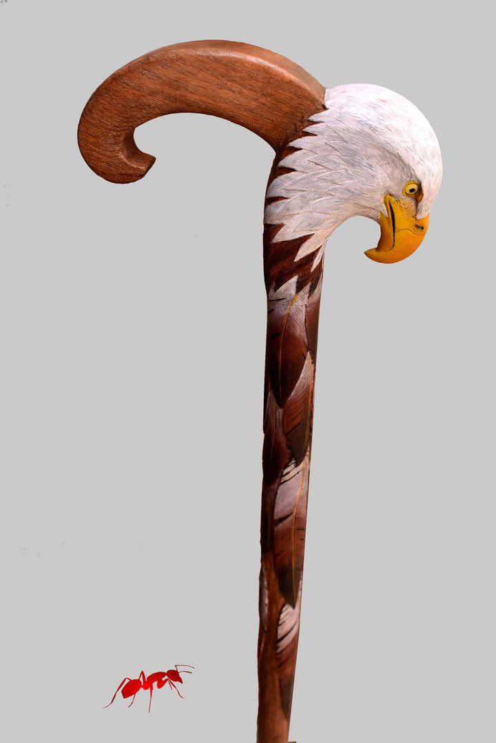 Wood carved canes bald eagle head walking stick with carved feathers - AntSarT 