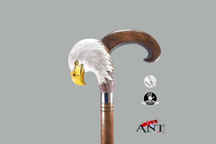 Wooden bald eagle head walking can