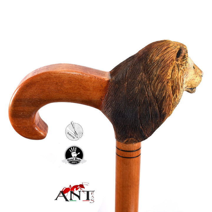 lion wooden  walking stick