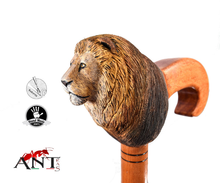wooden walking cane lion