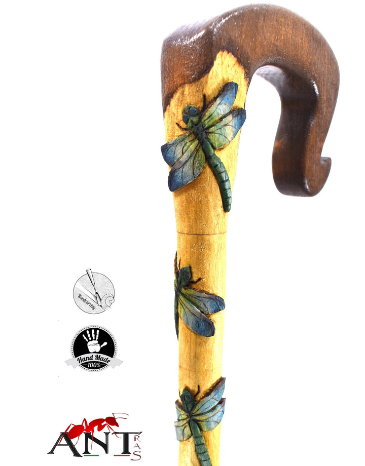 wooden walking cane dragonflies 3